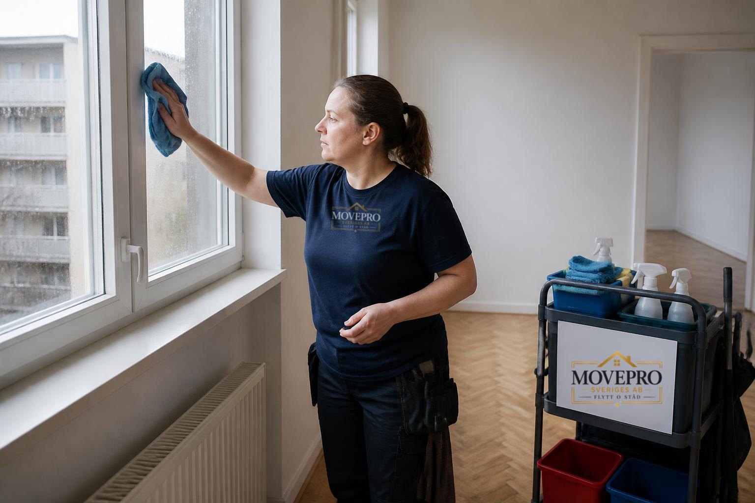 Städare putsar ett fönster i en nystädad lägenhet